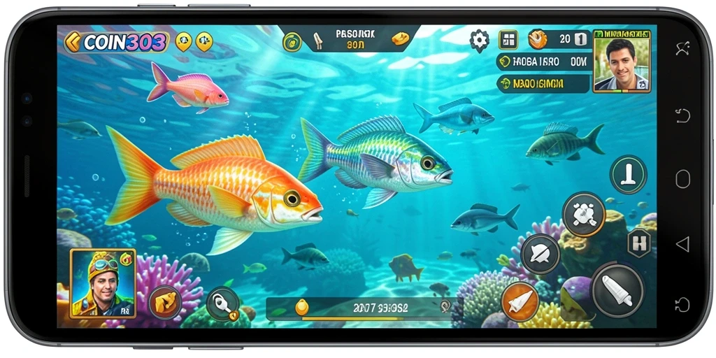 Screenshot gameplay COIN303 menampilkan aksi menembak ikan yang seru.