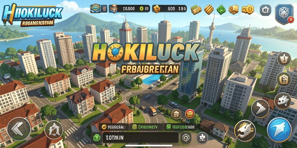 Tampilan gameplay HOKILUCK dengan pembangunan kota yang dinamis dan menarik.