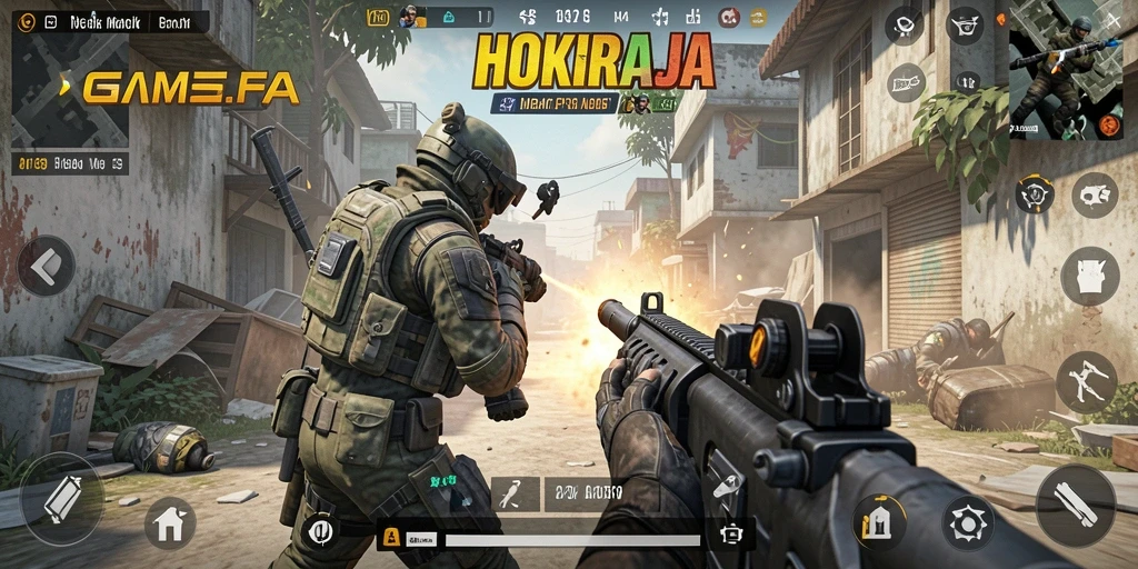 Screenshot utama HOKIRAJA yang menampilkan aksi baku tembak yang mendebarkan.