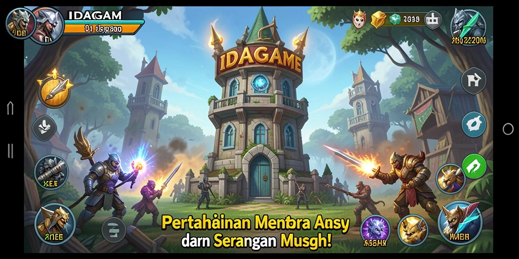 Tampilan menara dan musuh dalam gameplay IDAGAME yang menegangkan.
