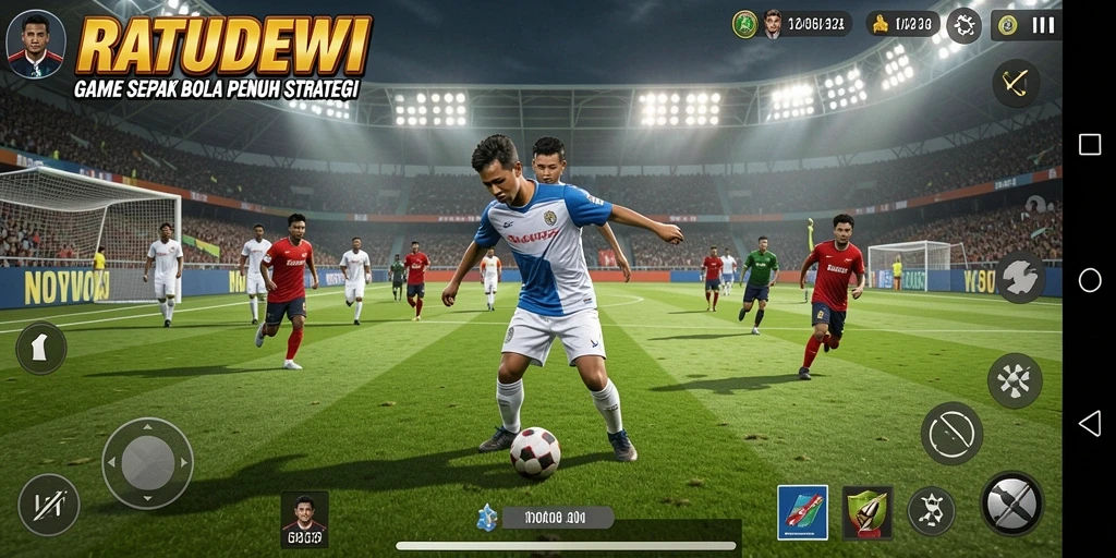 Tampilan gameplay seru dalam RATUDEWI dengan aksi sepak bola.