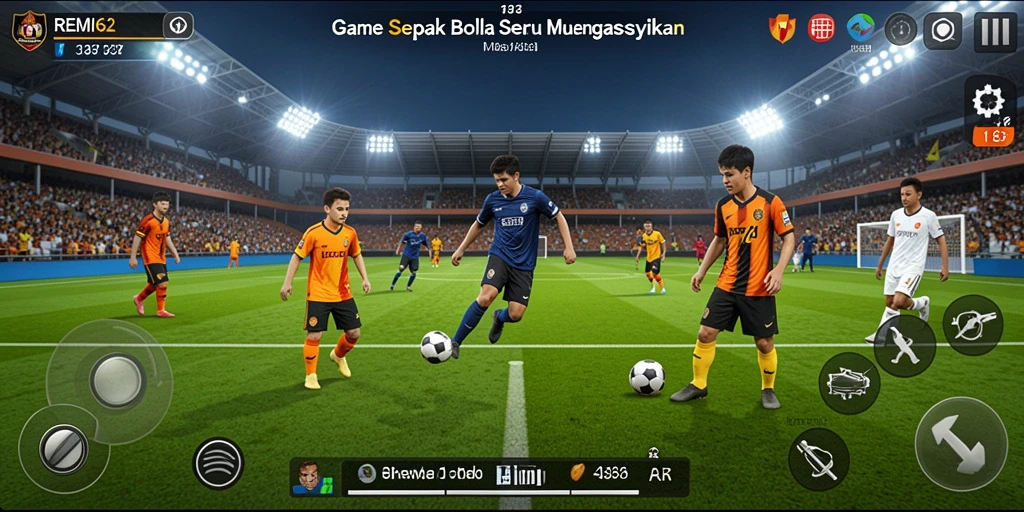 Screenshot gameplay REMI62 menampilkan aksi seru dalam pertandingan sepak bola.